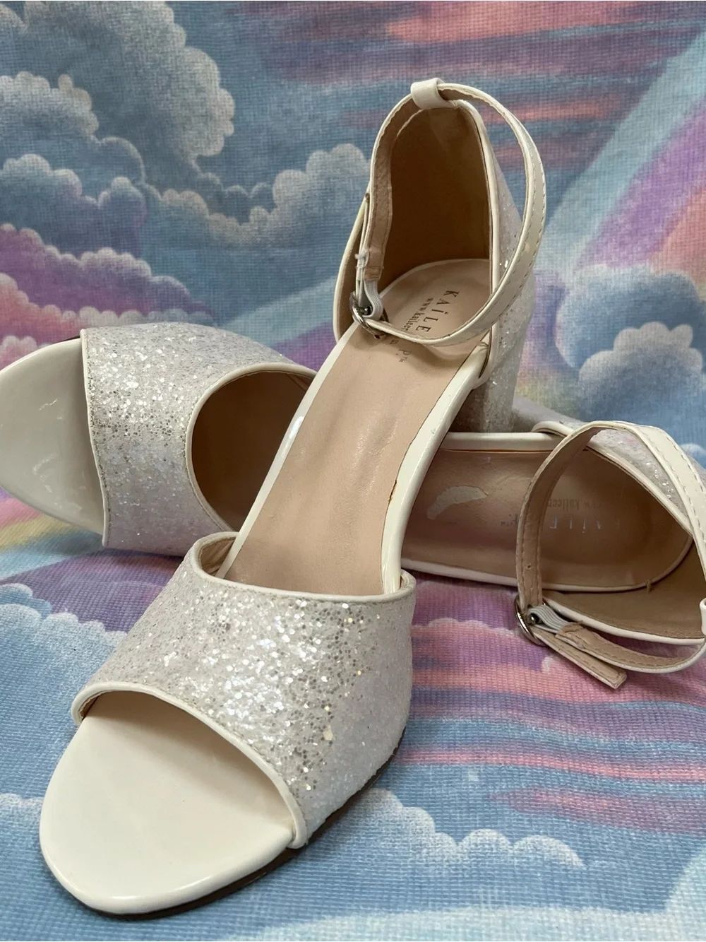 Kailee P. White Sparkly Tall Block Heels Glittery Wedding Ankle Strap EUC SZ 9